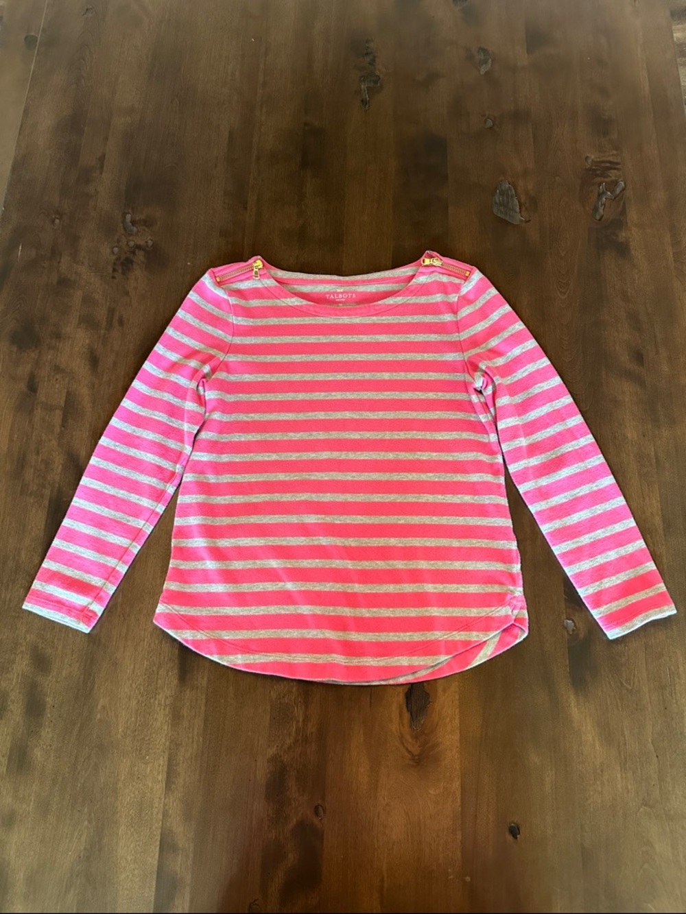 Talbots Pink and Gray Striped Long Sleeve Top with Shoulder Zippers - Size SP